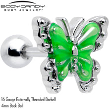 Load image into Gallery viewer, 16G 1/4 Butterfly Green Splash Cartilage Tragus Earring

