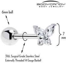 Load image into Gallery viewer, Clear CZ Gem Open Wing Butterfly Barbell Tongue Ring

