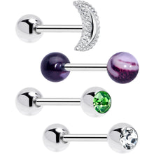 Load image into Gallery viewer, Green CZ Gem Crescent Moon Marbleized Barbell Tongue Ring Set of 4
