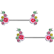 Load image into Gallery viewer, 14G 9/16 Green Pink Gem Caterpillar Flower Barbell Nipple Ring Set
