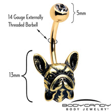 Load image into Gallery viewer, Clear CZ Gem Gold Tone Anodized French Bulldog Belly Ring

