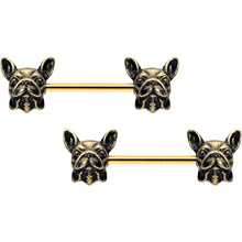 Load image into Gallery viewer, 14G 5/8 Gold Tone Anodized French Bulldog Barbell Nipple Ring Set
