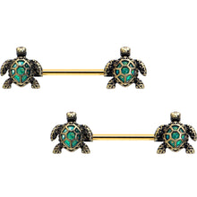Load image into Gallery viewer, 14G 5/8 Gold Tone Anodized Sea Turtle Style Barbell Nipple Ring Set
