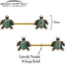 Load image into Gallery viewer, 14G 5/8 Gold Tone Anodized Sea Turtle Style Barbell Nipple Ring Set
