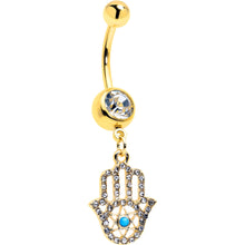 Load image into Gallery viewer, Clear CZ Gem Gold Tone Anodized Hamsa Hand Star Dangle Belly Ring
