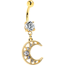 Load image into Gallery viewer, Clear CZ Gem Gold Tone Anodized Crescent Moon Glam Dangle Belly Ring
