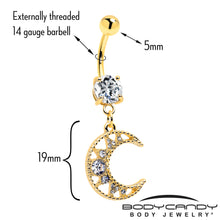 Load image into Gallery viewer, Clear CZ Gem Gold Tone Anodized Crescent Moon Glam Dangle Belly Ring
