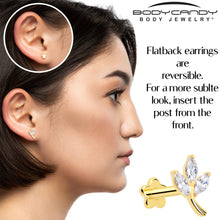 Load image into Gallery viewer, 16G 1/4 CZ Gem Leaves Gold PVD Medical Grade Titanium Reversible Flat Back Earring
