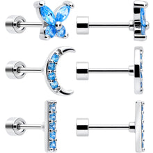 Load image into Gallery viewer, Blue CZ Celestial Butterfly Flat Back Stud Earrings - 3 Pairs
