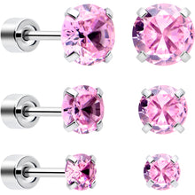 Load image into Gallery viewer, Pink CZ Flat Back Stud Earrings - 3 Pairs
