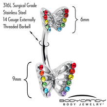 Load image into Gallery viewer, Rainbow Gem Pride Open Butterfly Double Mount Belly Ring
