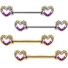 Load image into Gallery viewer, 14G 9/16 Romance Gem Open Heart Barbell Nipple Ring Set
