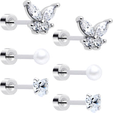Load image into Gallery viewer, 20G Clear Gem White Orb Butterfly Flatback Earring Set of 6
