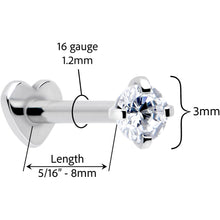 Load image into Gallery viewer, 16G 5/16 Clear CZ Implant Grade Titanium Threadless Reversible Heart Flatback Stud

