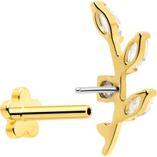 Load image into Gallery viewer, 18G 1/4 Clear Gem Gold PVD Implant Grade Titanium Leaves Threadless Flatback Earring
