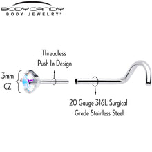 Load image into Gallery viewer, 20G 3mm CZ Prong Set Push-In Threadless Nose Screw Nose Ring
