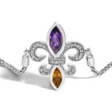 Load image into Gallery viewer, .925 Sterling Silver Marquise Purple Amethyst, Orange Citrine, and Diamond Accent Lariat 4â€-10â€ Fleur De Lis Adjustable Bolo Bracelet (I-J Color, I1-I2 Clarity)
