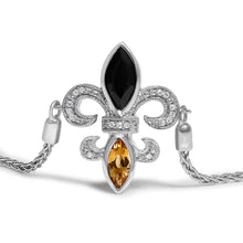 Load image into Gallery viewer, .925 Sterling Silver Marquise Black Onyx, Orange Citrine, and Diamond Accent Lariat 4â€-10â€ Fleur De Lis Adjustable Bolo Bracelet (I-J Color, I1-I2 Clarity) - 7"

