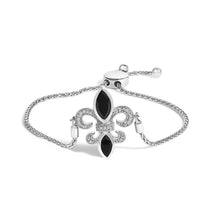 Load image into Gallery viewer, .925 Sterling Silver Marquise Black Onyx and Diamond Accent Lariat 4â€-10â€ Fleur De Lis Adjustable Bolo Bracelet (I-J Color, I1-I2 Clarity)
