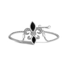 Load image into Gallery viewer, .925 Sterling Silver Marquise Black Onyx and Diamond Accent Lariat 4â€-10â€ Fleur De Lis Adjustable Bolo Bracelet (I-J Color, I1-I2 Clarity)
