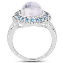 Load image into Gallery viewer, 7.21 Carat Genuine White Rainbow Moonstone &amp; Swiss Blue Topaz .925 Sterling Silver Ring
