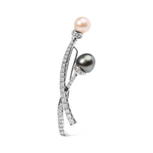 Load image into Gallery viewer, 18K White Gold 3/5 Cttw Diamond and Cultured South Sea Black and White Pearl Brooch Pin (H-I Color, VS1-VS2 Clarity)
