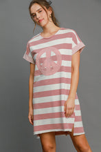 Load image into Gallery viewer, Peace Applique Striped Short Sleeve Mini Dress – Trendy Stripes, Playful Peace Applique, and High-Low Hem for a Chic Casual Look
