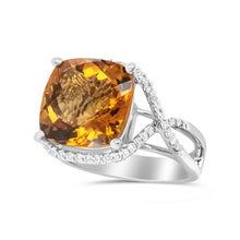 Load image into Gallery viewer, 14K White Gold 12mm Cushion Cut Yellow Citrine Gemstone and 1/3 Cttw Round Pave-Set Diamond Ring - (H-I Color, VS1-VS2 Clarity)- Size 6.5
