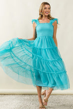 Load image into Gallery viewer, Frill Mesh Tiered Midi Dress For Women – Fluttering, Elegant, Romantic Frill Design with Mesh Details for a Feminine Silhouette
