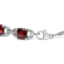 Load image into Gallery viewer, .925 Sterling Silver 7x7mm Checkered Cushion Red Garnet and Diamond Accent Fashion Tennis Link Bracelet (I-J Color, I1-I2 Clarity) - Size 7" Inch
