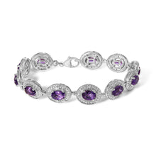Load image into Gallery viewer, Sterling Silver 5x7 MM Oval Purple Amethyst &amp; Diamond Halo Link Bracelet

