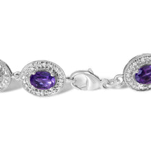 Load image into Gallery viewer, Sterling Silver 5x7 MM Oval Purple Amethyst &amp; Diamond Halo Link Bracelet

