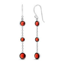 Load image into Gallery viewer, .925 Sterling Silver Graduating Bezel Set Red Garnet Dangle Earring
