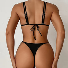 Load image into Gallery viewer, Bikini Solid Color Triangle V Neck 2 Piece Bikini Set for Women – Stretchy Double Strap Tie Back V String Swimwear with Lace Up Detail – Flattering Beach Vacation Swimsuit for Confident Summer Style and Poolside Fashion
