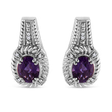 Load image into Gallery viewer, .925 Sterling Silver 8x6 MM Natural Oval Purple Amethyst Gemstone and Diamond Accent Art Deco Style Drop and Dangle Earrings (I-J Color, I1-I2 Clarity)
