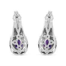 Load image into Gallery viewer, .925 Sterling Silver 8x6 MM Natural Oval Purple Amethyst Gemstone and Diamond Accent Art Deco Style Drop and Dangle Earrings (I-J Color, I1-I2 Clarity)
