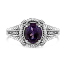 Load image into Gallery viewer, .925 Sterling Silver Prong Set Natural Oval Shape 9X7 MM Purple Amethyst Solitaire and Diamond Accent Ring (I-J Color, I1-I2 Clarity) - Ring Size 7
