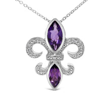 Load image into Gallery viewer, .925 Sterling Silver Purple Amethyst Marquise and Diamond Accent Fleur De Lis Pendant Necklace (H-I Color, SI1-SI2 Clarity) - Size 18"
