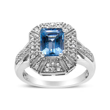 Load image into Gallery viewer, .925 Sterling Silver Diamond Accent and 8X6 mm Emerald-Shape Blue Topaz Ring (I-J Color, I2-I3 Clarity) - Ring Size 7
