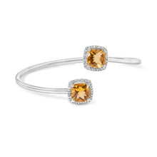 Load image into Gallery viewer, .925 Sterling Silver 8mm Cushion Cut Yellow Citrine Gemstone and Diamond Accent Split Bypass Bangle Bracelet (H-I Color, SI1-SI2 Clarity)  - Fits up to 7.75" Inches
