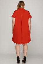 Load image into Gallery viewer, Deep Red Full Size Button-Down Short Sleeve Shirt Dress Plus Size Casual Women Simple Home Dress
