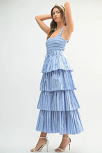 Load image into Gallery viewer, Pin Stripe Smocked Bodice Layered Midi Dress – Smocked Bodice Dress, Fluttering Pinstripe Midi Dress, Layered Midi Dress, Trendy Midi Dress, Flattering Pinstripe Dress
