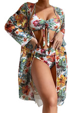 Load image into Gallery viewer, New Tropical Bloom 3-Piece Swimsuit Set – High Waist Floral Fluttering Bikini with Crew Neck Top Spaghetti Straps and Matching Long Sleeve Cover-Up – Stylish Stretchy Women’s Swimwear for Beach &amp; Summer Escapes
