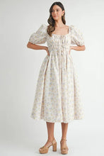 Load image into Gallery viewer, Floral Drawstring Detail Puff Sleeve Midi Dress – Romantic Floral Midi Dress, Ruched Drawstring Dress, Feminine Puff Sleeve Dress, Trendy Garden Party Dress For Summer
