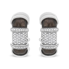 Load image into Gallery viewer, 18K White Gold Flash Plated .925 Sterling Silver Clear Graphite Grey Enamel 5/8 Cttw Round Diamonds Huggie Hoop Earrings (F-G Color, VS1-VS2 Clarity)
