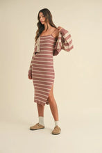 Load image into Gallery viewer, Stripe Crop Cardigan and Bodycon Dress Sweater Set – Two-Piece Knit Set, Striped Crop Cardigan Dress, Cozy Sweater Dress Set, Chic Layered Knit Outfit
