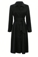 Load image into Gallery viewer, Elegant Black Collared Neck Long Sleeve Midi Shirt Dress Tied and Buttoned Women’s Dress
