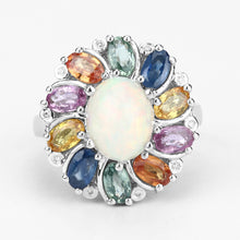 Load image into Gallery viewer, 3.92 Carat Genuine Ethiopian Opal, Multi Sapphire and White Diamond .925 Sterling Silver Ring
