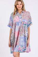 Load image into Gallery viewer, Pink Multicolor Floral Collared Neck Half Sleeve Mini Shirt Dress Feminine Floral Print Dress for Women

