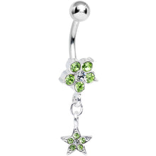 Load image into Gallery viewer, Light Green Gem Fancy Flower and Falling Star Dangle Belly Ring
